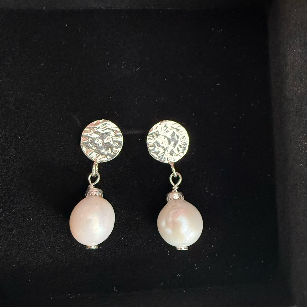 Silver Disc and White Pearl Earrings